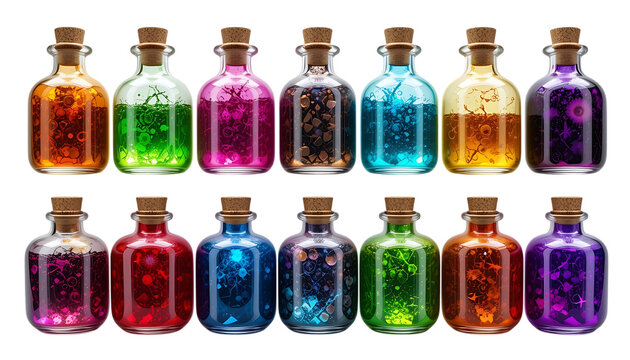 Colorful magic potion bottles with vibrant contents fantasy elixir