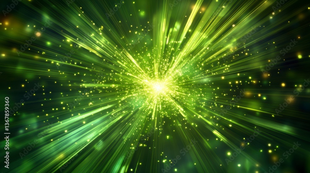 Poster abstract green energy burst with light rays and particles.