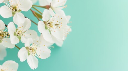 Fototapeta premium Close-up of delicate white cherry blossoms on a soft green background, with space for text or images, is the perfect design for cards, invitations, wallpapers, banners, posters, social media posts.