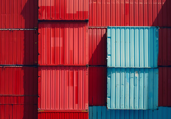 Fototapeta premium Close-up of blue cargo containers stacked in red squares, with one container slightly open to reveal the interior