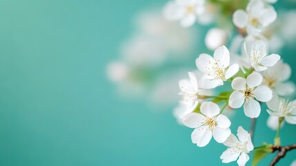 Close-up of delicate white cherry blossoms on a soft green background, with space for text or images, is the perfect design for cards, invitations, wallpapers, banners, posters, social media posts.
