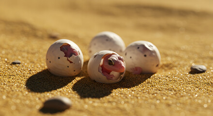 Tiny gecko hatching, emerging from speckled egg on sun-kissed sandy beach