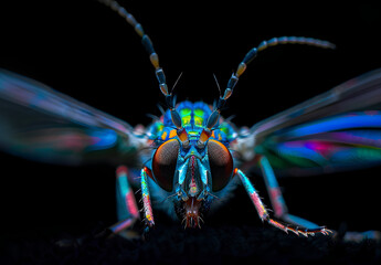 close-up of the head and wings of an American fly, with its eyes facing forward, set against a black background. The colorful stripes on its face stand out in sharp focus, creating a visually striking