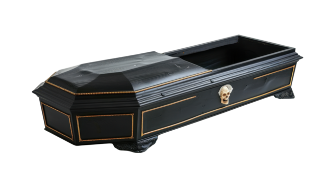 Black and gold coffin showing dark interior with transparent background