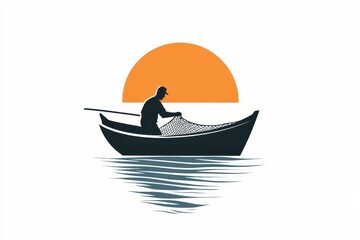 Minimalist Fisherman Silhouette Logo Sunset, Boat, and Net Design