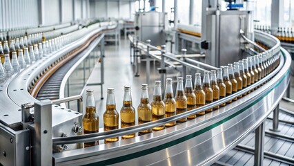 Modern Automated Conveyor Belt Production Line with White Alcoholic Drink Bottles