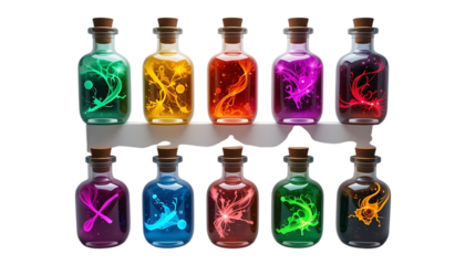 Colorful magic potion bottles with vibrant contents fantasy elixir