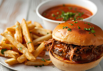  juicy pulled pork sandwich with melted cheddar cheese, drizzled in a smoky-red sauce and served on an artisanal whole-grain bun, alongside fries with rich tomato ketchup