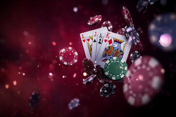 Flying poker chips and playing cards with ace king queen jack ten combination floating in dark casino background vibrant red atmosphere gambling concept of blackjack poker and casino night luck fortun