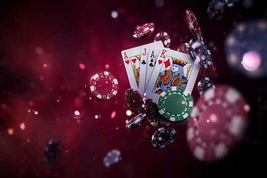 Flying poker chips and playing cards with ace king queen jack ten combination floating in dark casino background vibrant red atmosphere gambling concept of blackjack poker and casino night luck fortun
