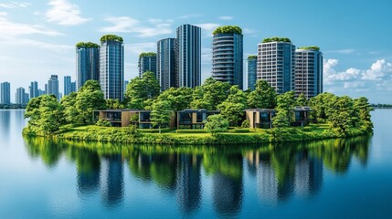 An island city with skyscrapers and lush greenery reflecting in blue water.