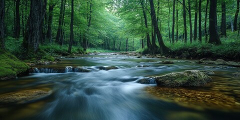 Obraz premium Tranquil Forest Stream: A gentle stream meanders through a vibrant, lush forest, with the water's movement creating a dynamic contrast with the stillness of the trees, showcasing natural beauty.