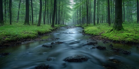 Obraz premium Flowing River in Lush Forest: A mesmerizing journey through a dense, green forest, where a river winds its way, inviting viewers to immerse themselves in the tranquility of the natural world.