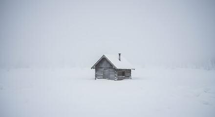 Solitary snow-covered cabin evokes quietude and resilience in frozen landscape