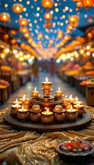 Diwali product display podium background, Lantern-Filled Sky, Diwali Street festival, sky lanterns, vibrant festive markets, traditional sweets, fairy lights, joyous, lively ambiance, ad