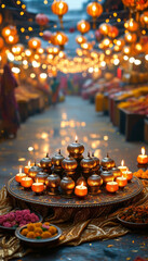 Diwali product display podium background, Lantern-Filled Sky, Diwali Street festival, sky lanterns, vibrant festive markets, traditional sweets, fairy lights, joyous, lively ambiance, ad