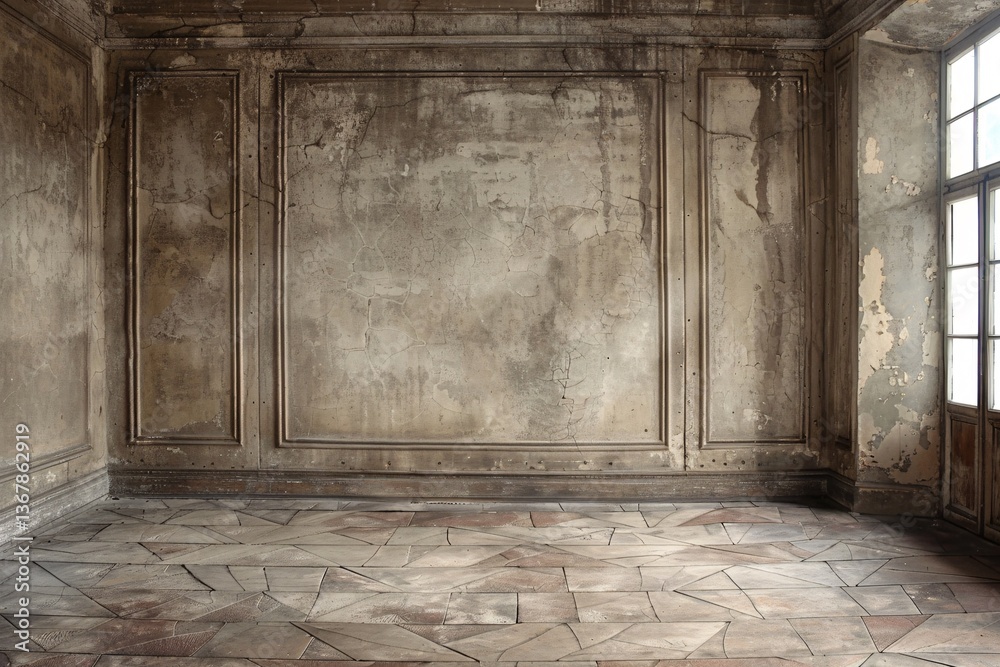Aufkleber Sunlit empty room with a sizable damaged wall and tiled floor