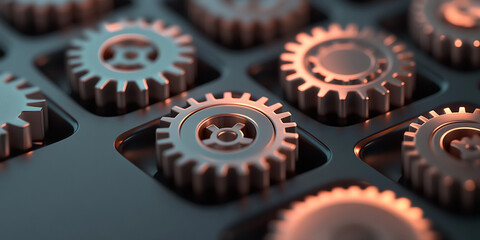 Close-up of metallic gears in dark grid, showcasing precision engineering and intricate detail, symbolizing teamwork, efficiency, and complex systems