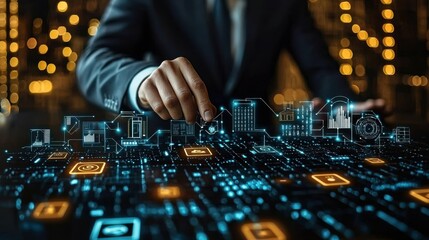Obraz premium Futuristic digital cityscape with a network of glowing intelligence technology and a sleek modern urban landscape