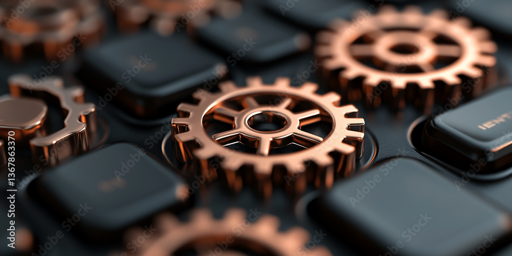 Poster Close-up of copper gears on a dark keyboard, showcasing intricate detail and mechanical precision, symbolizing technology, engineering, and complex processes
