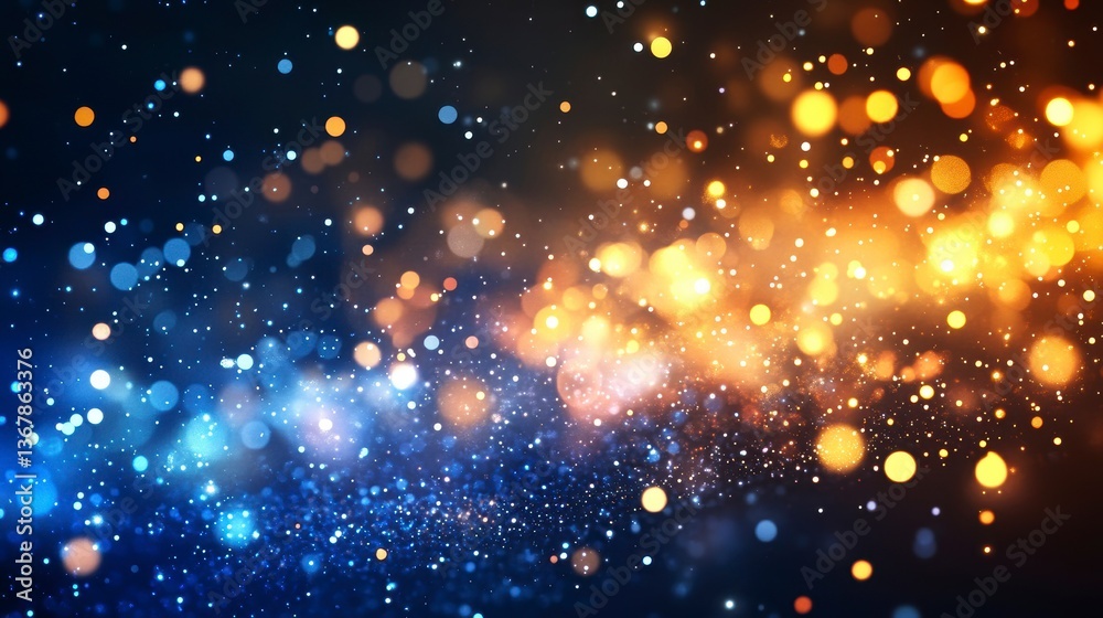 Poster abstract background with blue and gold bokeh lights, glittering particles, and sparkling dust.