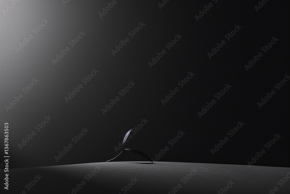 Poster tiny plant creating a shadow under a spotlight on a textured dark surface