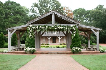 Rustic Wooden Pergola with Floral Decor and Brick Pathway. A charming outdoor wedding ceremony or event space.