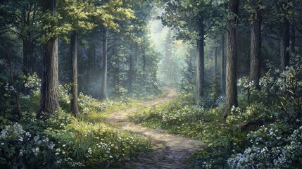 A serene forest scene displaying a winding path among trees
