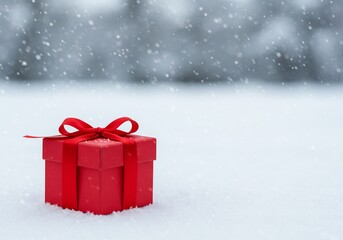 雪景色に映える赤いプレゼントボックス 優しい光と穏やかな雰囲気