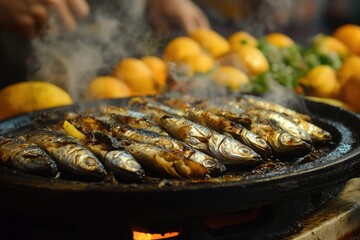 A sizzling platter of sardinas asadas with roasted sardines