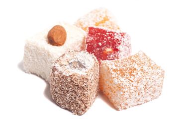 Traditional Turkish delight isolated on white background.