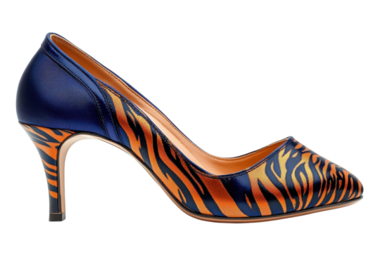 Elegant tiger-striped heels, a daring blend of midnight blue and fiery orange, poised for a night of confident strides. The sleek design and high heel exude sophistication.