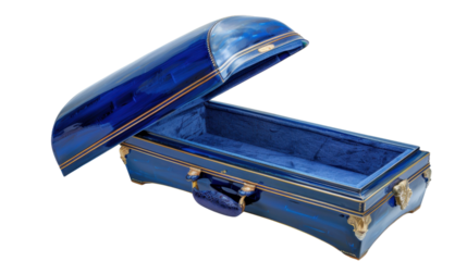 Luxurious blue lacquered wooden box open, displaying soft interior on transparent background