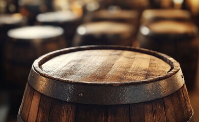 Fototapeta premium Wooden Barrel with Metal Hoops in Distillery or Cellar Setting