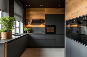 Modern Kitchen Design with Wood Accents and Dark Gray Cabinets
