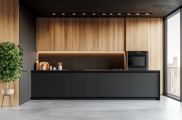 Modern Kitchen Interior with Black Cabinets Wood Accents and City View
