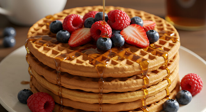  Golden brown waffles with a rich drizzle of syrup and fresh mixed berries, perfect for brunch, breakfast cafes, and sweet food blogs