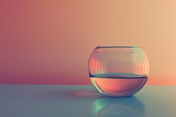 Round glass is standing on a reflective surface, filled with water and reflecting warm light