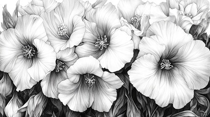 Detailed grayscale pencil drawing of a floral border featuring flowers, leaves and vines.