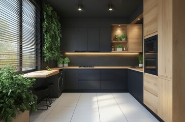Modern Kitchen Interior Design with Black Cabinets and Indoor Plants