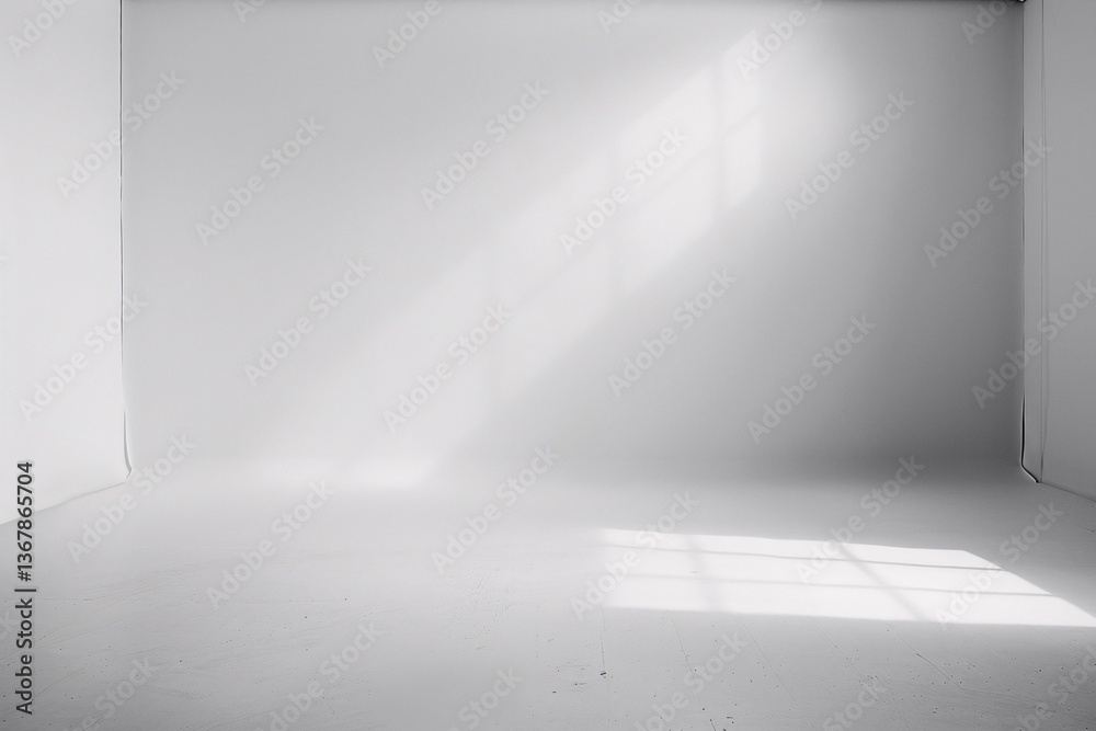 Poster sunlight creates geometric shadows on the floor of a deserted photo studio