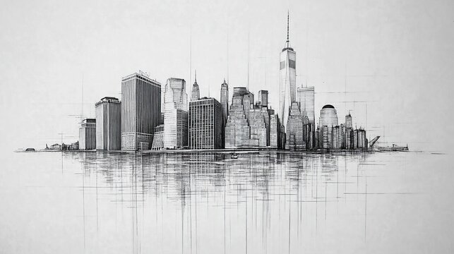 A hand drawn futuristic cityscape features sleek towering buildings