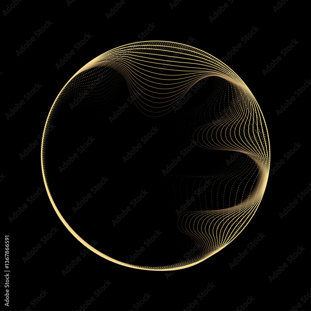 Poster Abstract circle wave lines, gradient light equalizer gold wavy curve. Round frame in luxury golden color isolated on black background. Editable stroke. Vector illustration with copy space