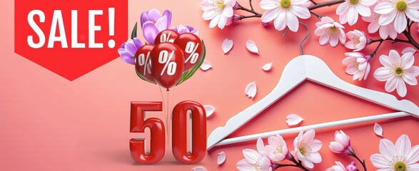 Spring Fashion Sale with White Hanger, Flowers, and 50% Off Balloons – Perfect for Boutique Promotions, Seasonal Campaigns, and Online Store Banners