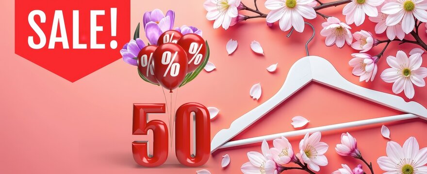Spring Fashion Sale with White Hanger, Flowers, and 50% Off Balloons – Perfect for Boutique Promotions, Seasonal Campaigns, and Online Store Banners
