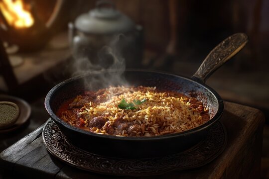 A sizzling skillet of bryani with spiced rice and meat