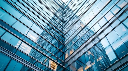 Reflective surfaces and sharp angles create a dynamic interplay of light and shadow. This stunning modern architectural design emphasizes the beauty of glass and steel in an urban environment