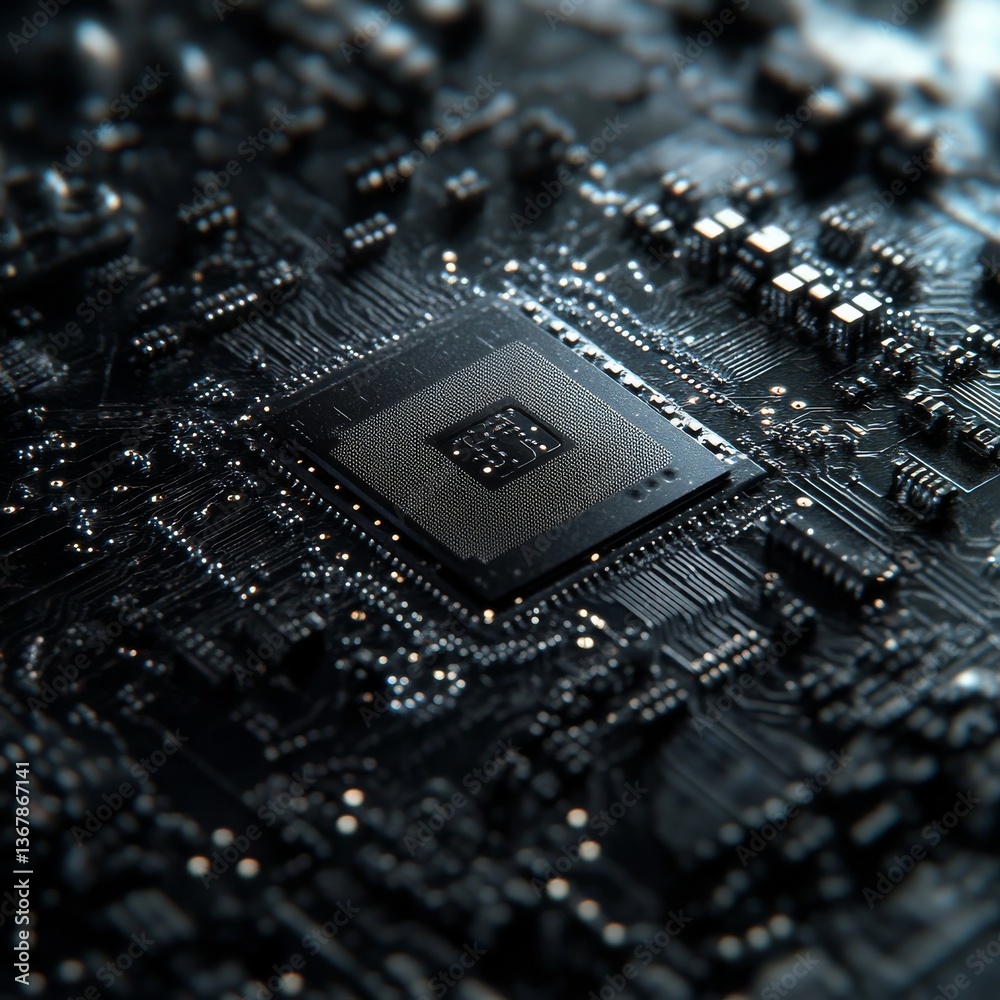 Poster close-up of a computer motherboard with cpu socket and electronic components - high-tech detail