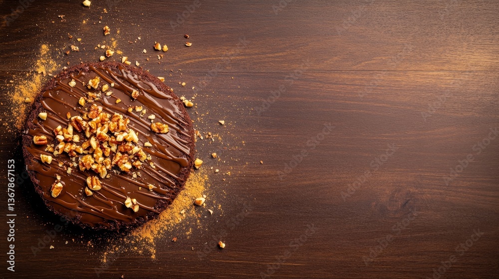 Poster a rustic chocolate cake featuring a cracked surface is topped with walnuts and caramel, beautifully 