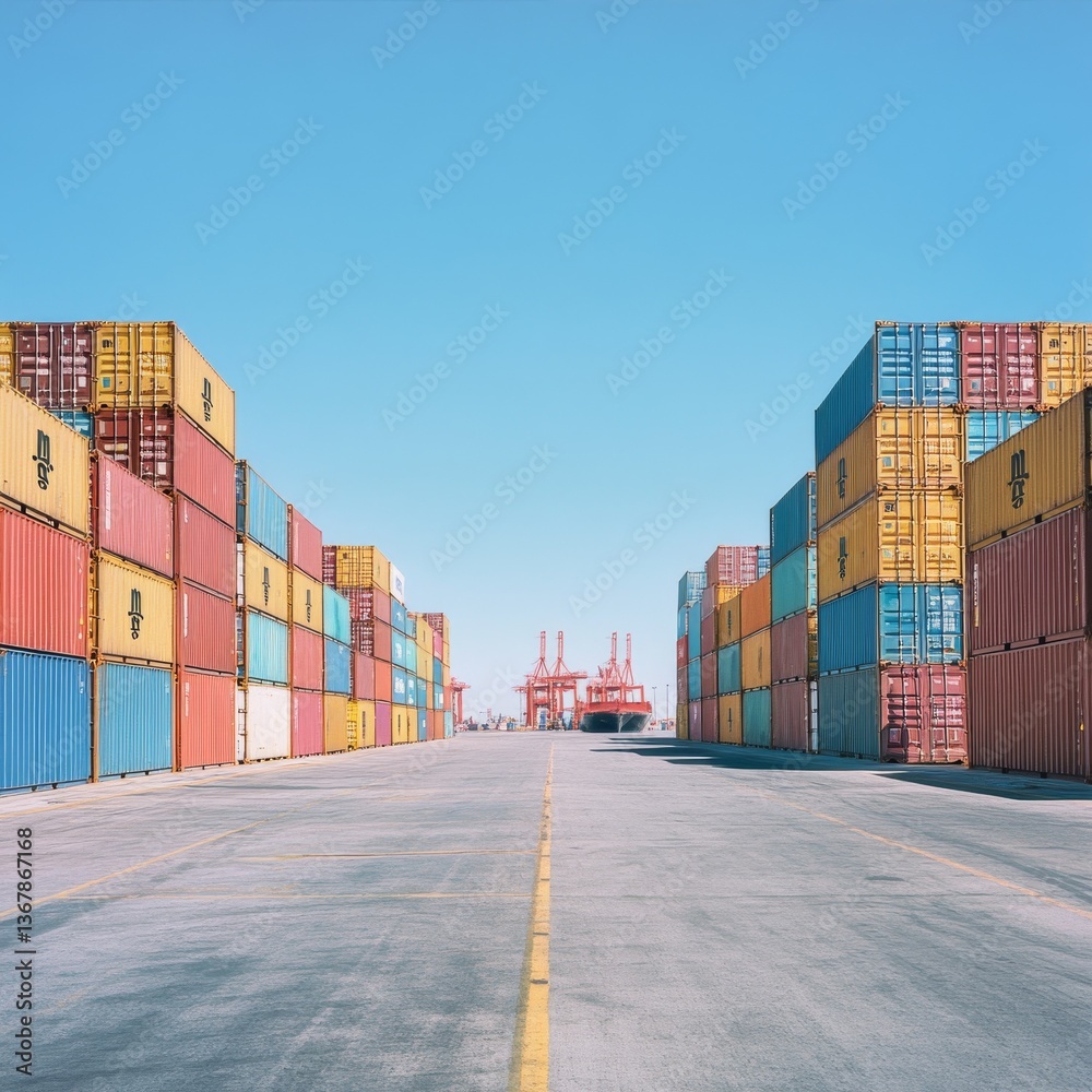 Poster container terminal landscape: stacks of colorful cargo containers under a bright blue sky at a busy 